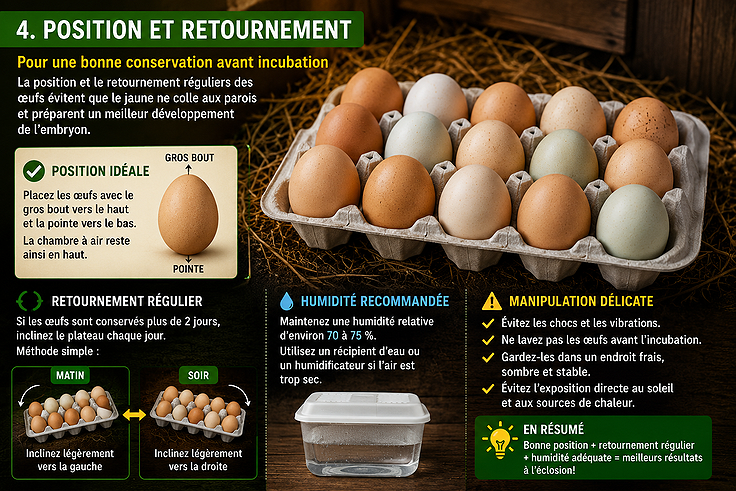 Position idéale de conservation des oeufs avant l'incubation