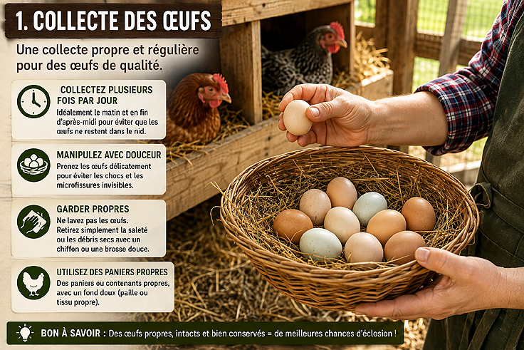 Collecte propre et régulière des oeufs au poulailler