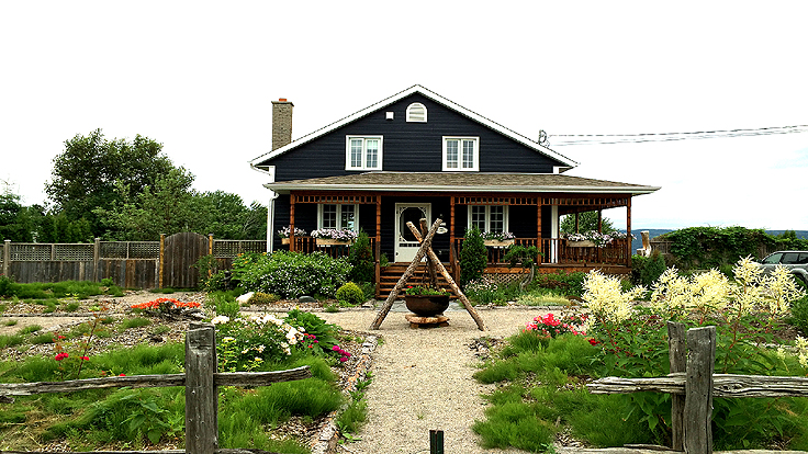 Façade de la maison après aménagement d'un jardin sans pelouse